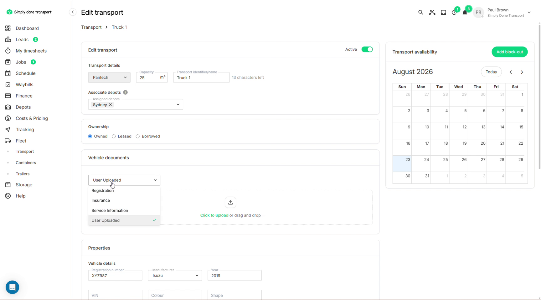 Edit transport with vehicle document types and the availability calendar