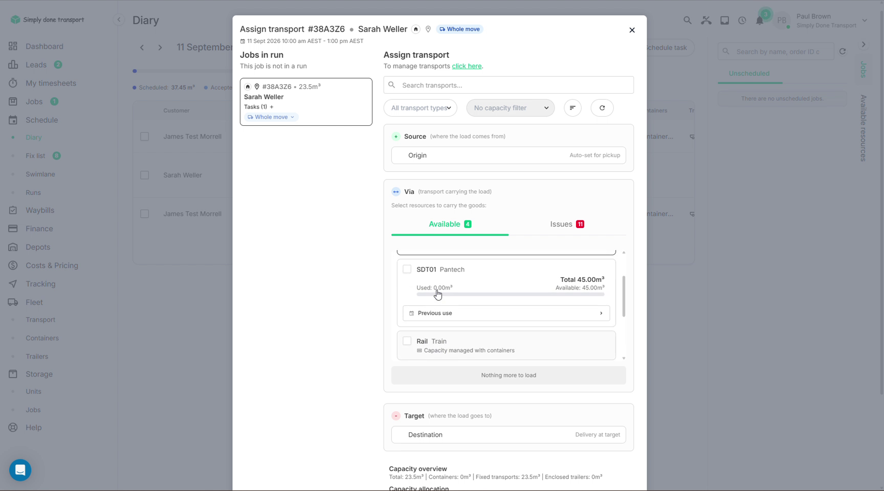 Assign transport dialog showing a truck and a rail option with container-managed capacity
