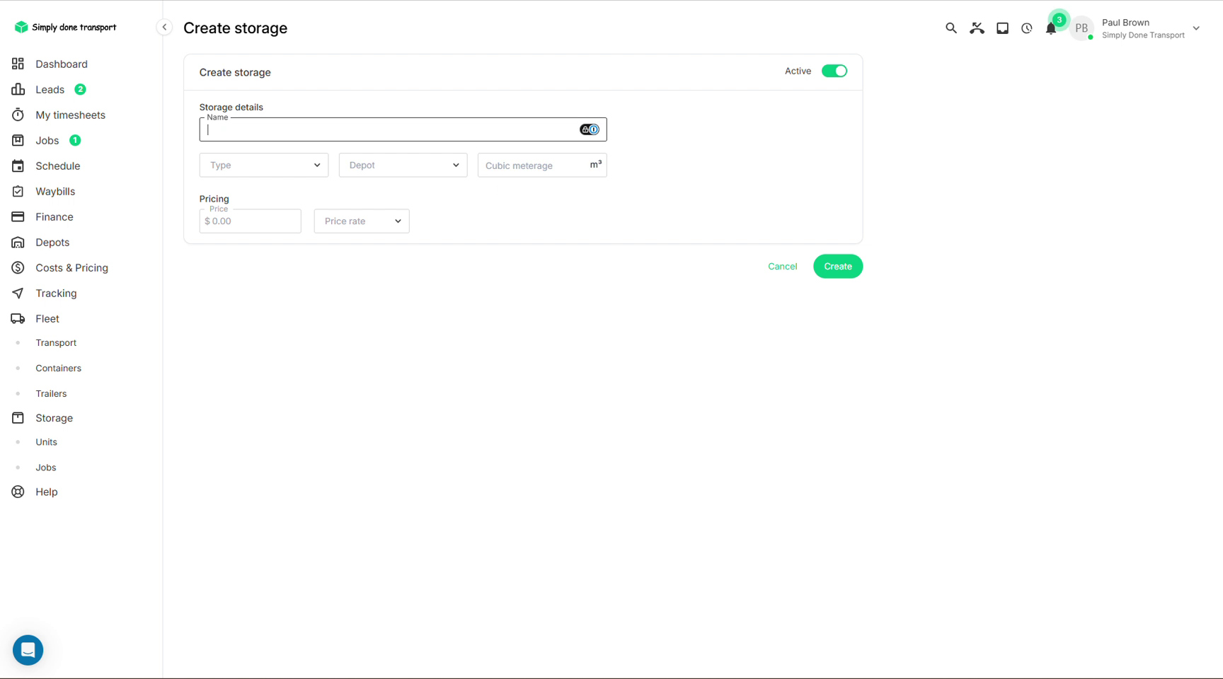 Create storage form with name, type, depot, cubic meterage and pricing