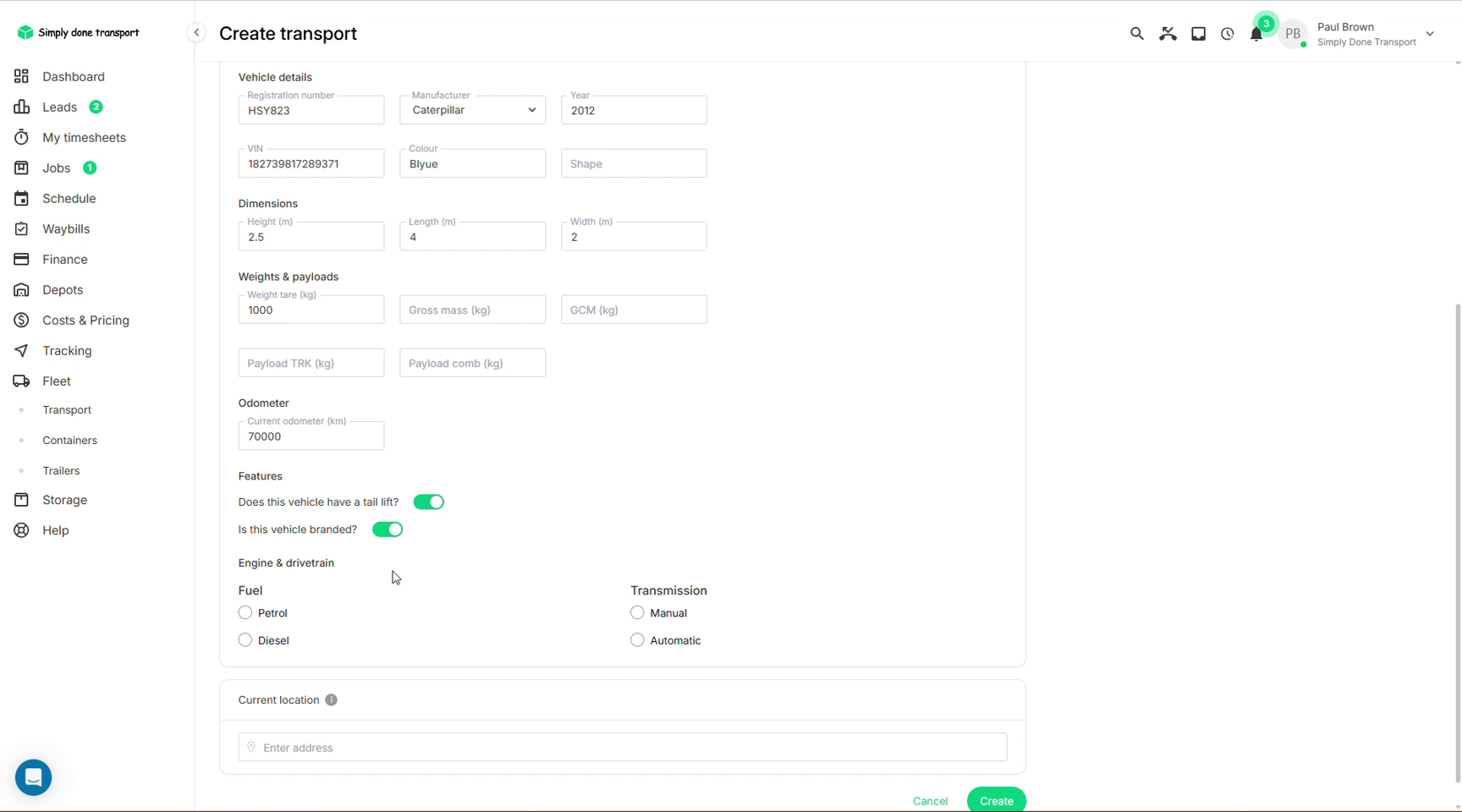 Create transport form filled in with dimensions, odometer, tail lift and branded toggles
