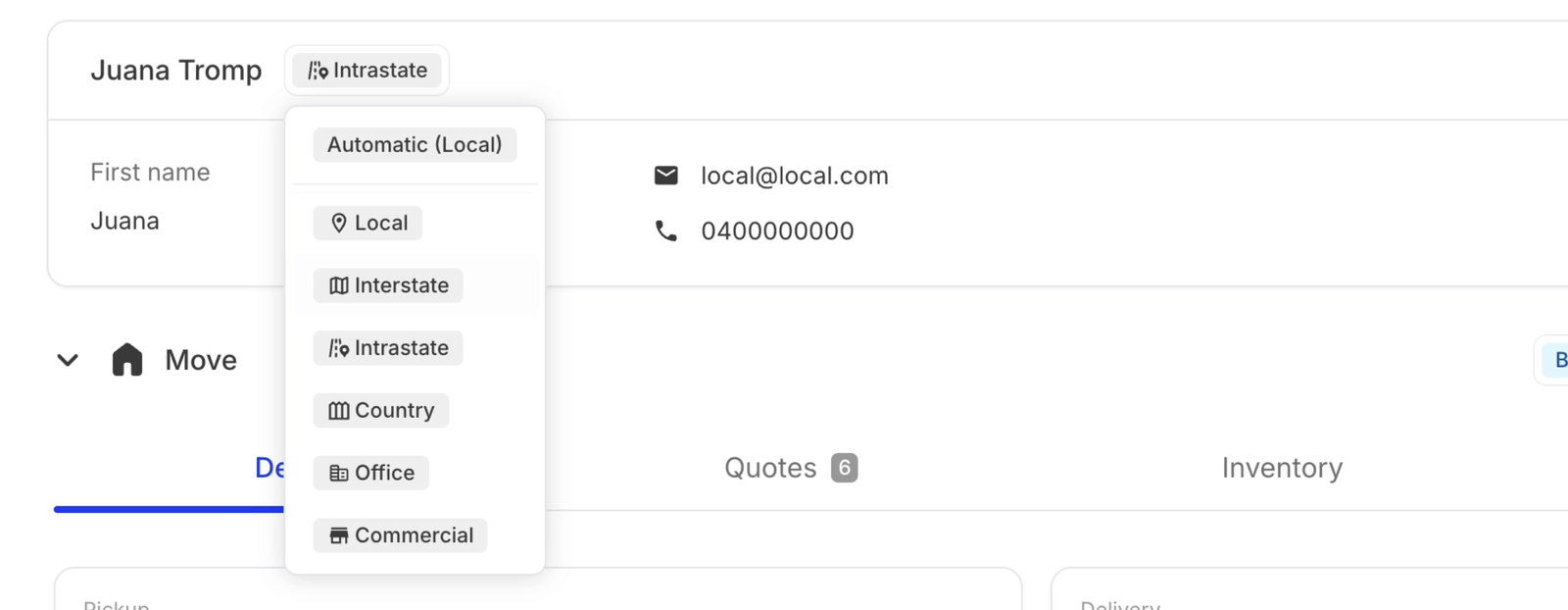The category chip beside the customer name clicked open, showing Automatic, Local, Interstate, Intrastate, Country, Office and Commercial options with their icons