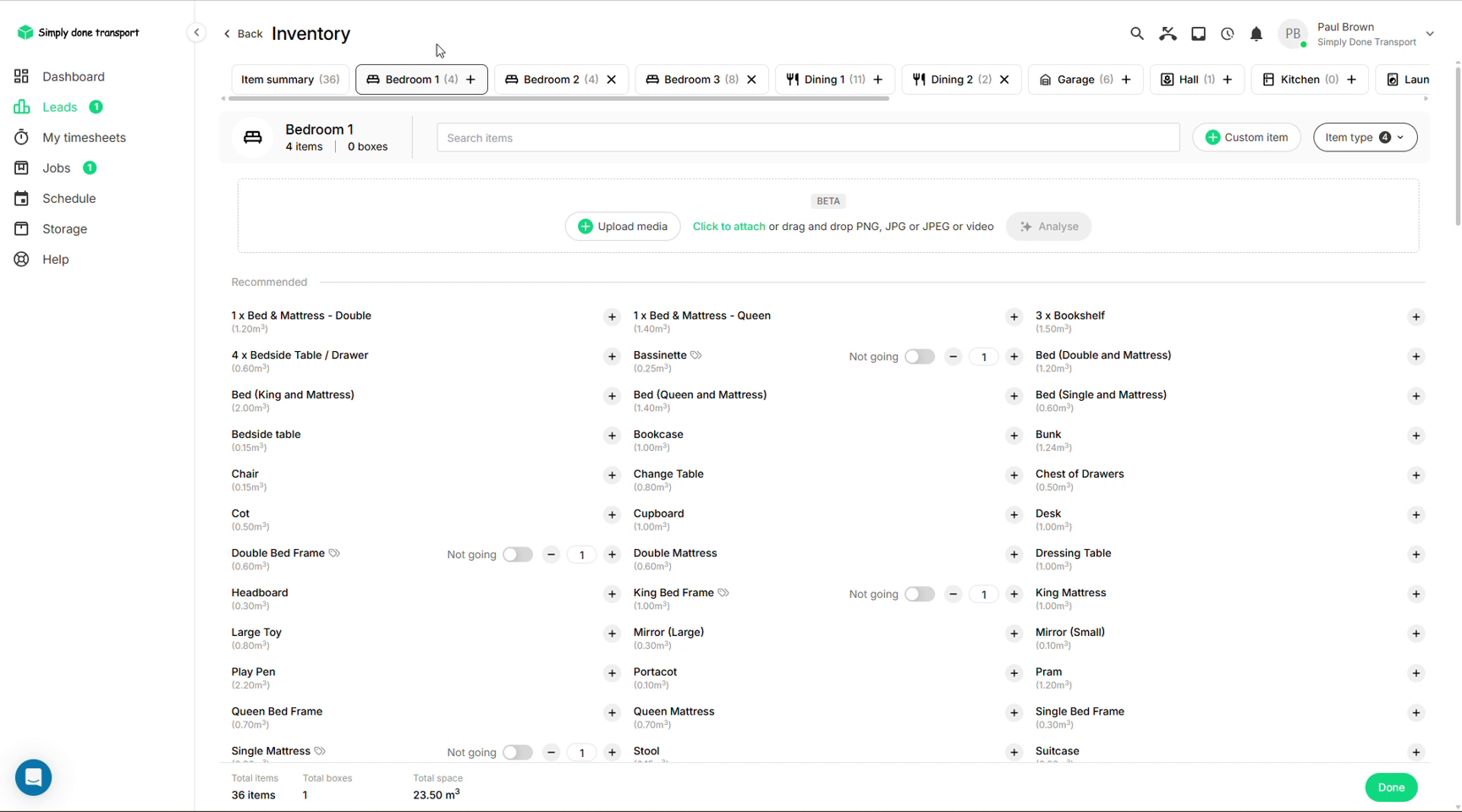 Inventory editor with room tabs, recommended items, quantities and running totals