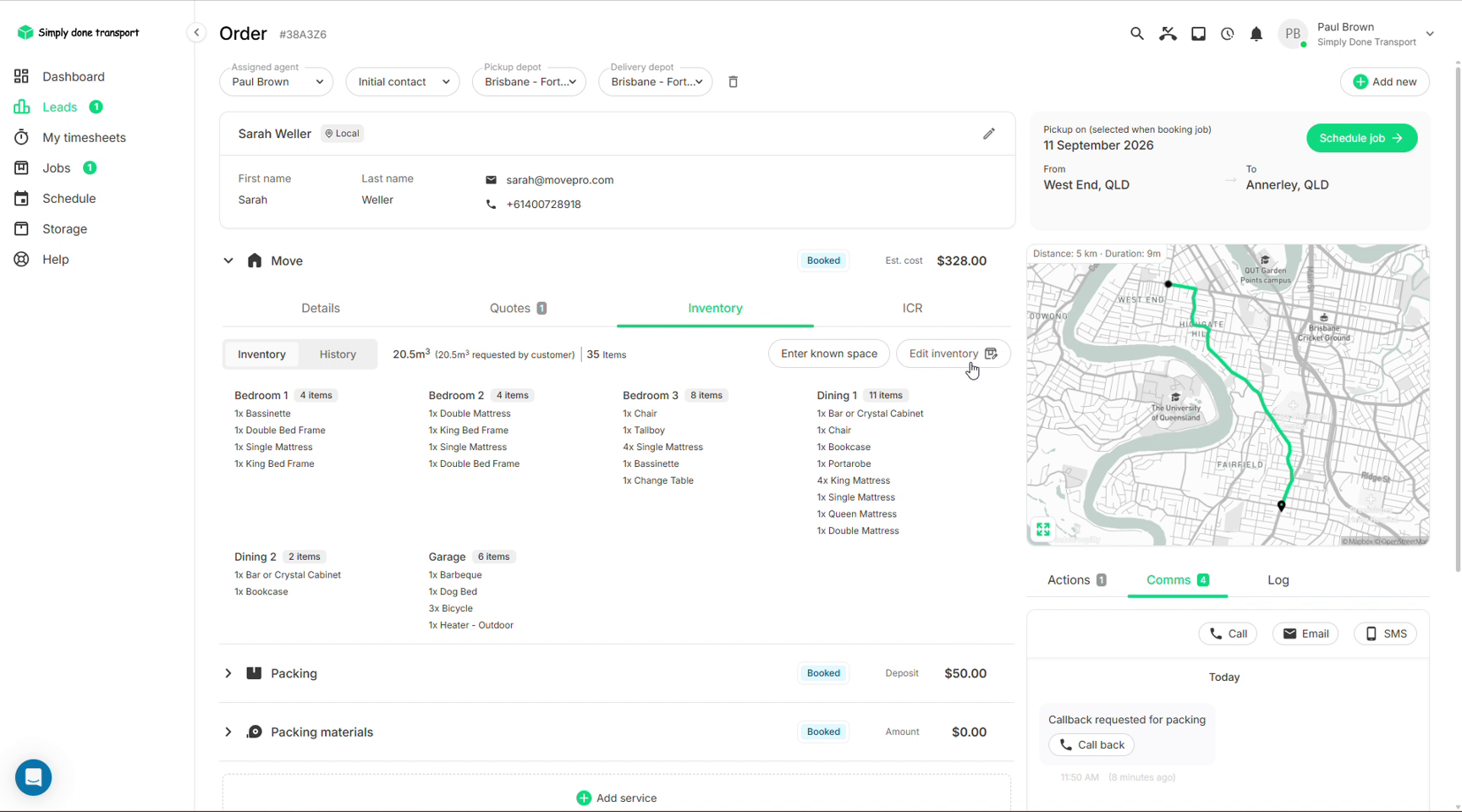 Order inventory tab with items by room, cubic metre total and edit buttons