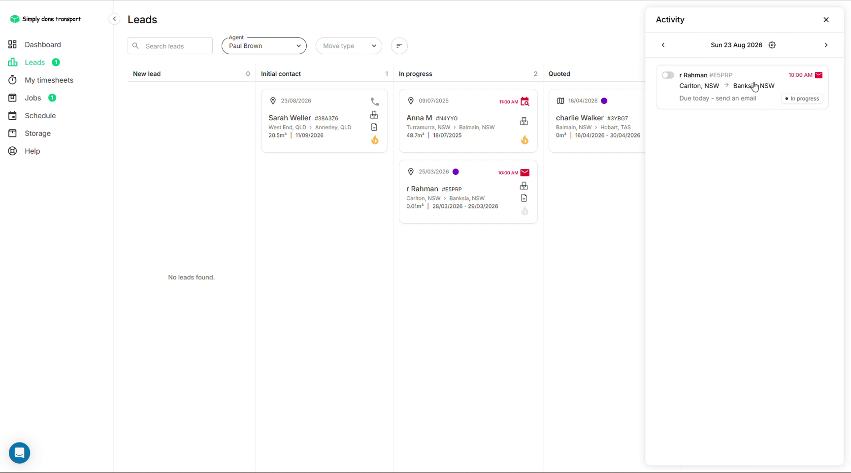 Leads board with the Activity panel open showing an action due today