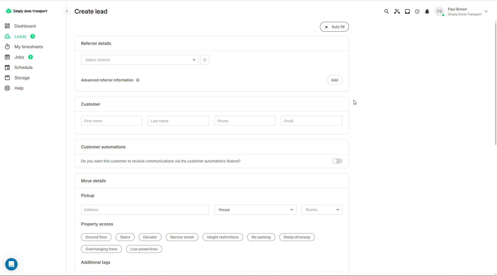 Create lead form showing referrer details, customer fields and property access tags
