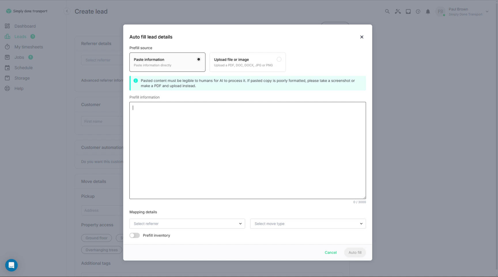 Auto fill lead details dialog with paste and upload options