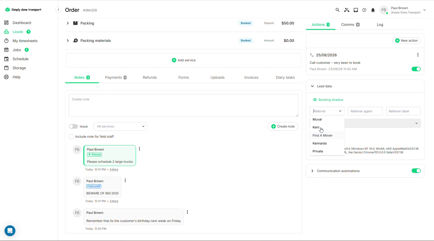 Lead data panel on an order with the referrer dropdown open