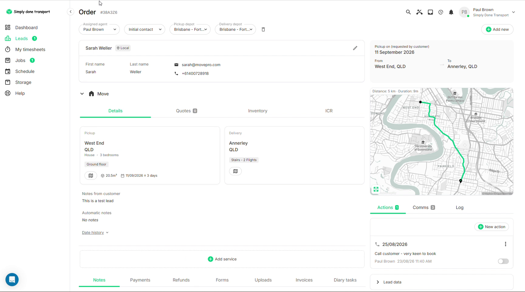 Order view showing customer header, service tabs, bottom tabs and right rail
