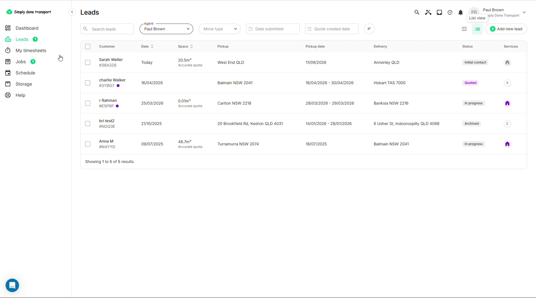 Leads list view with filter bar and columns