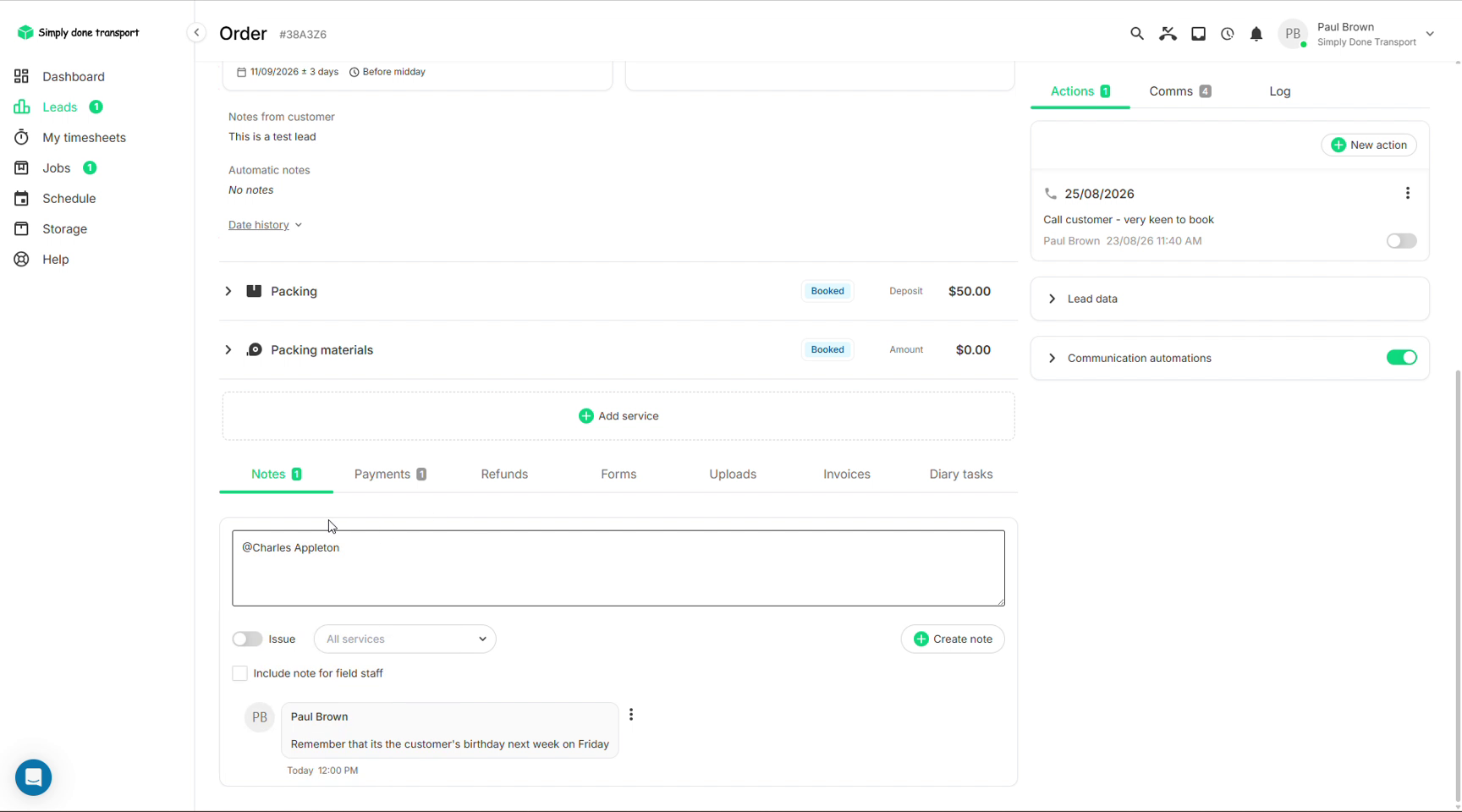 Note editor on an order with an @mention