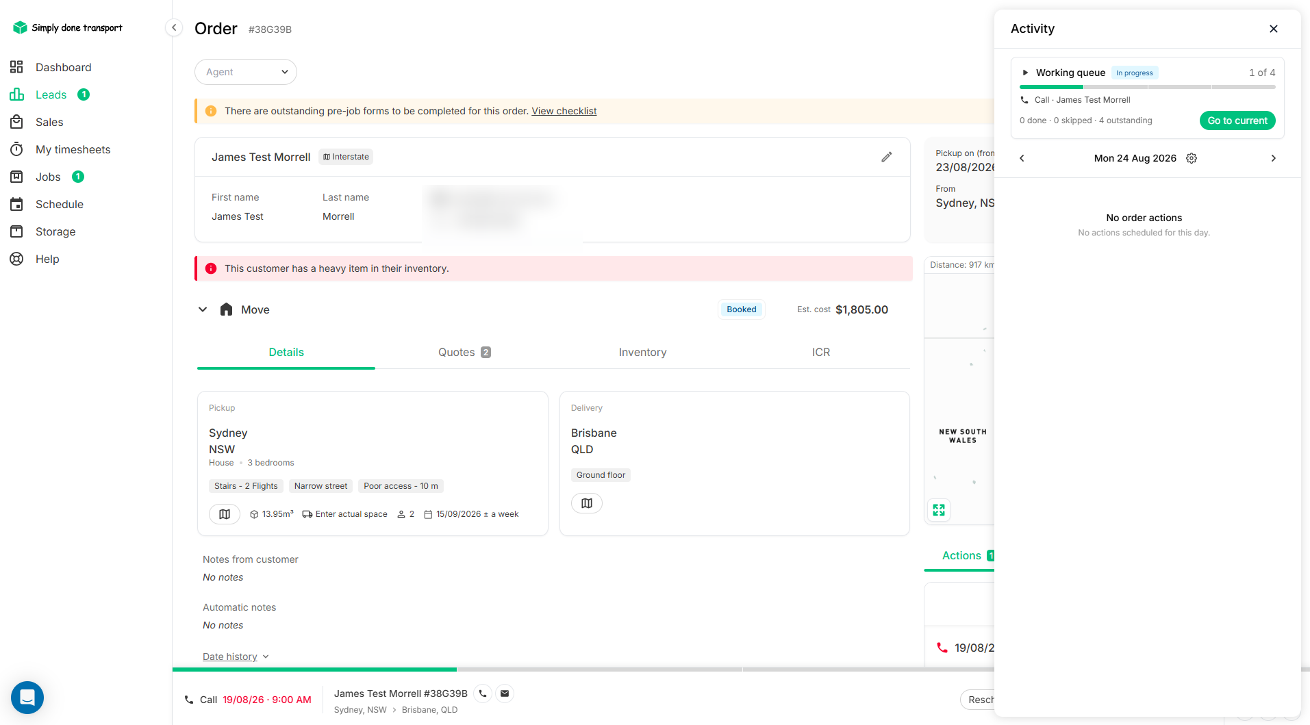 Activity panel open over the order showing the working queue in progress, 1 of 4 with none done yet, and a go to current button