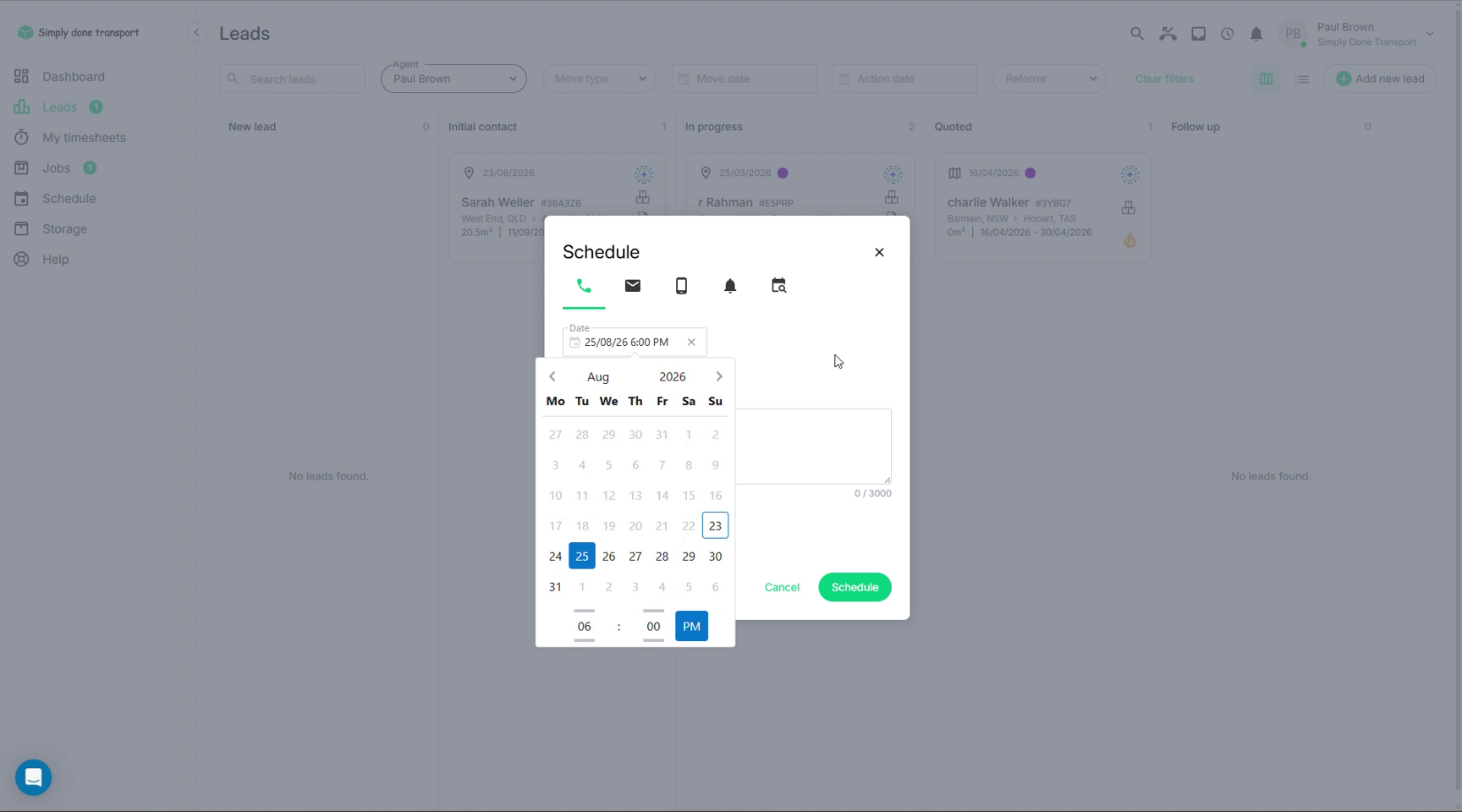 Schedule action dialog with action type icons, date and note