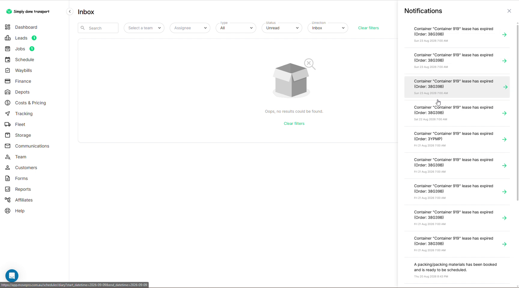 Notifications panel listing container lease expiries and a booking ready to schedule