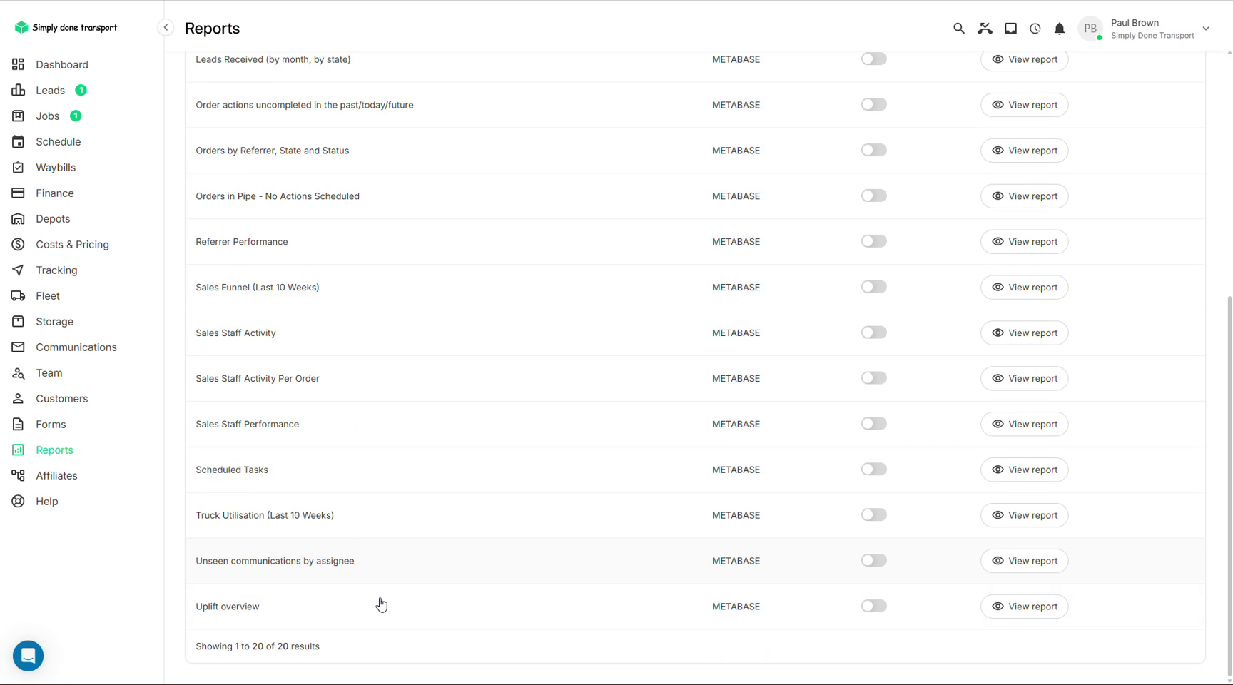 Reports list with view report buttons