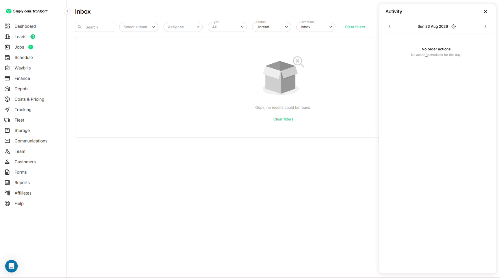 Inbox page with the Activity panel open on the right
