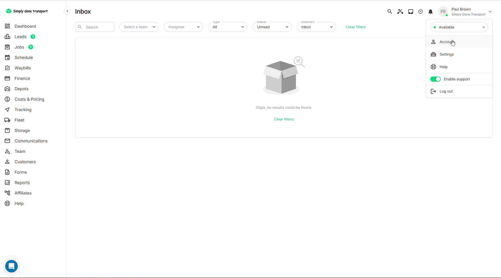 Profile menu with availability, account, settings, help, enable support and log out