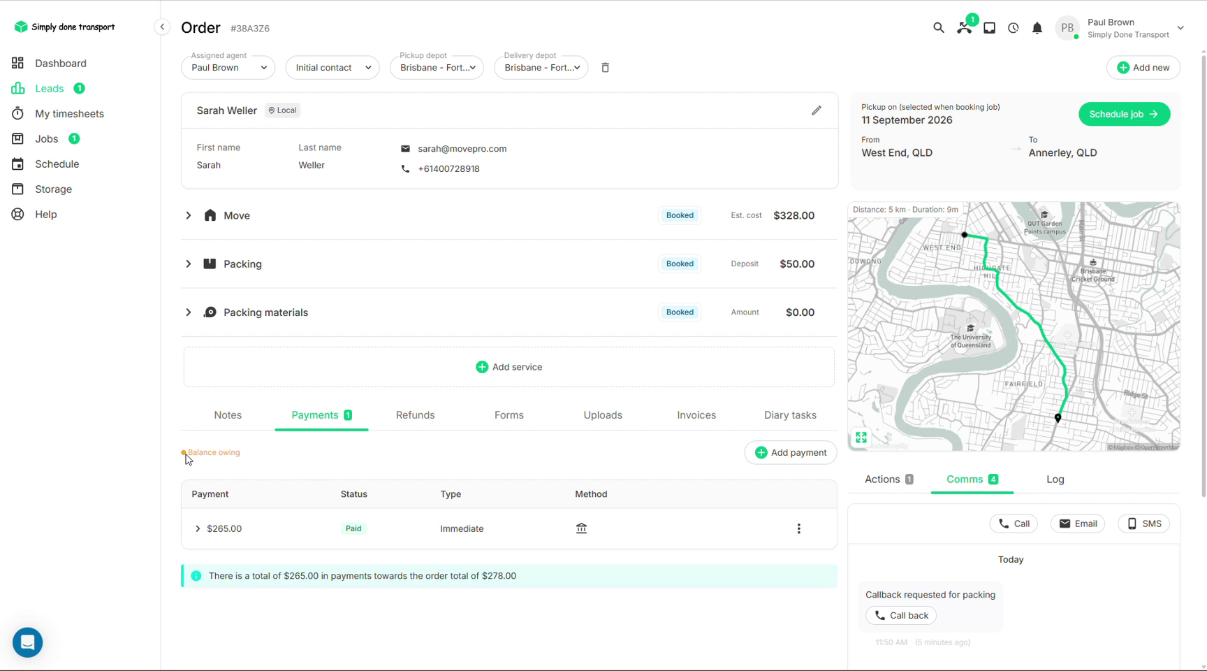 Order payments tab with a paid deposit row, running-total banner and Balance owing chip