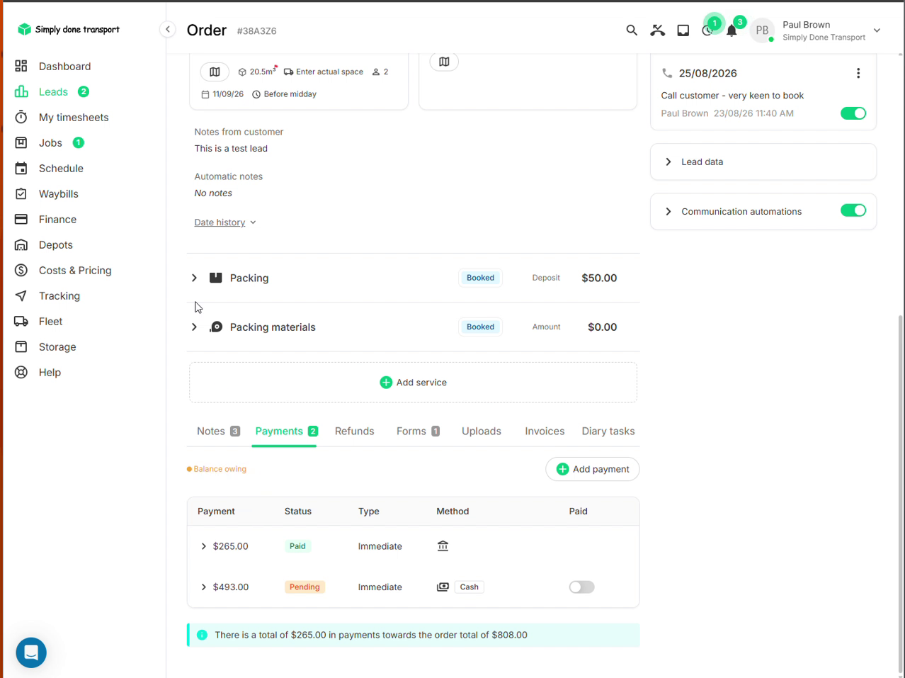Payments tab with a paid deposit and a pending cash payment with its Paid toggle off
