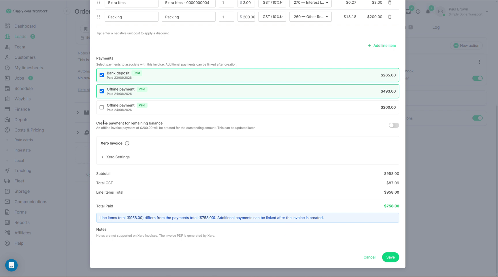 Invoice editor with two of three payments linked, a balance warning, and the create payment for remaining balance toggle