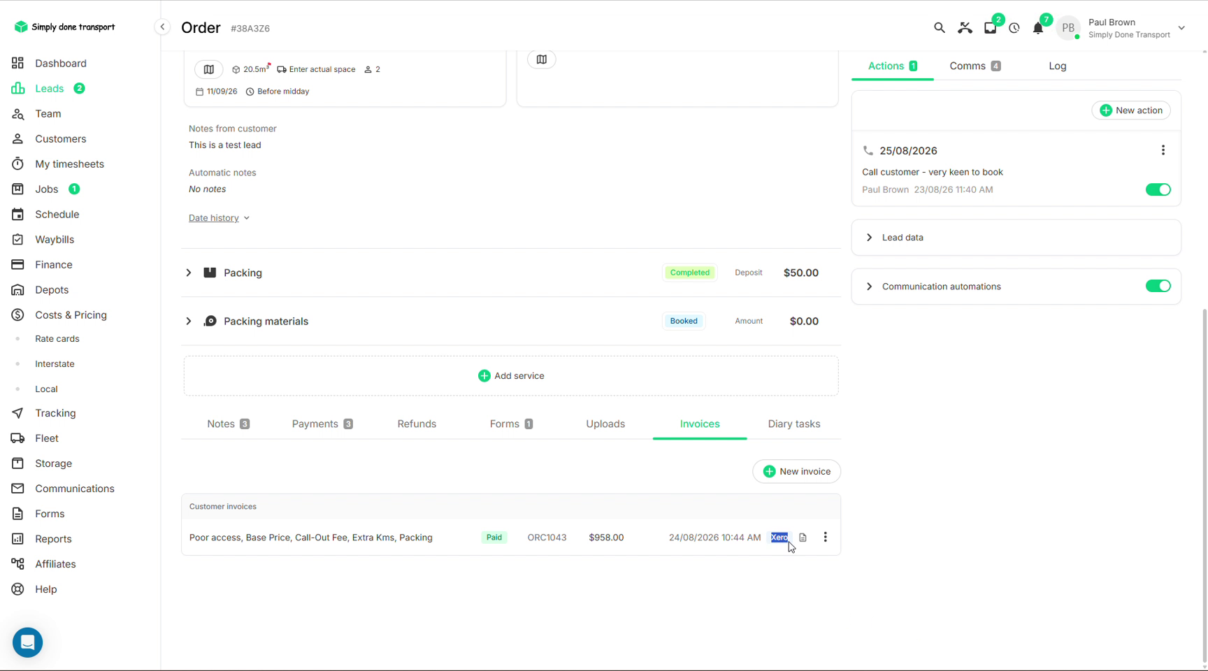 Invoices tab on the order with a paid invoice carrying its number, amount and Xero tag