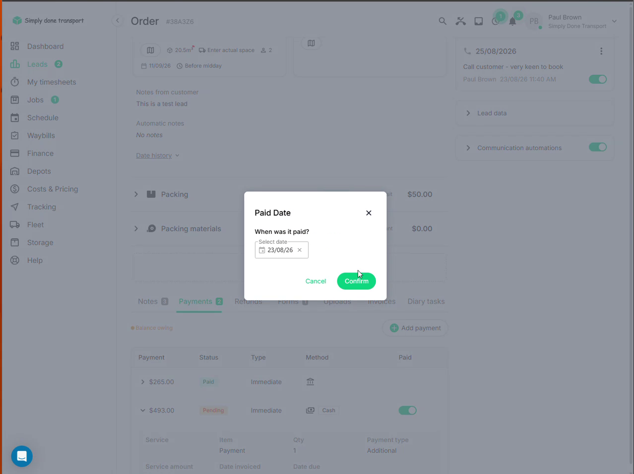 Paid Date dialog asking when the cash payment was received