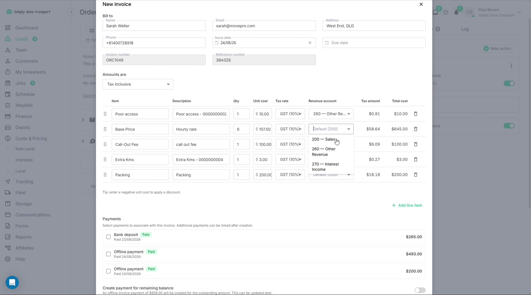 New invoice editor with billing details, line items with revenue accounts, and the order's payments listed for linking