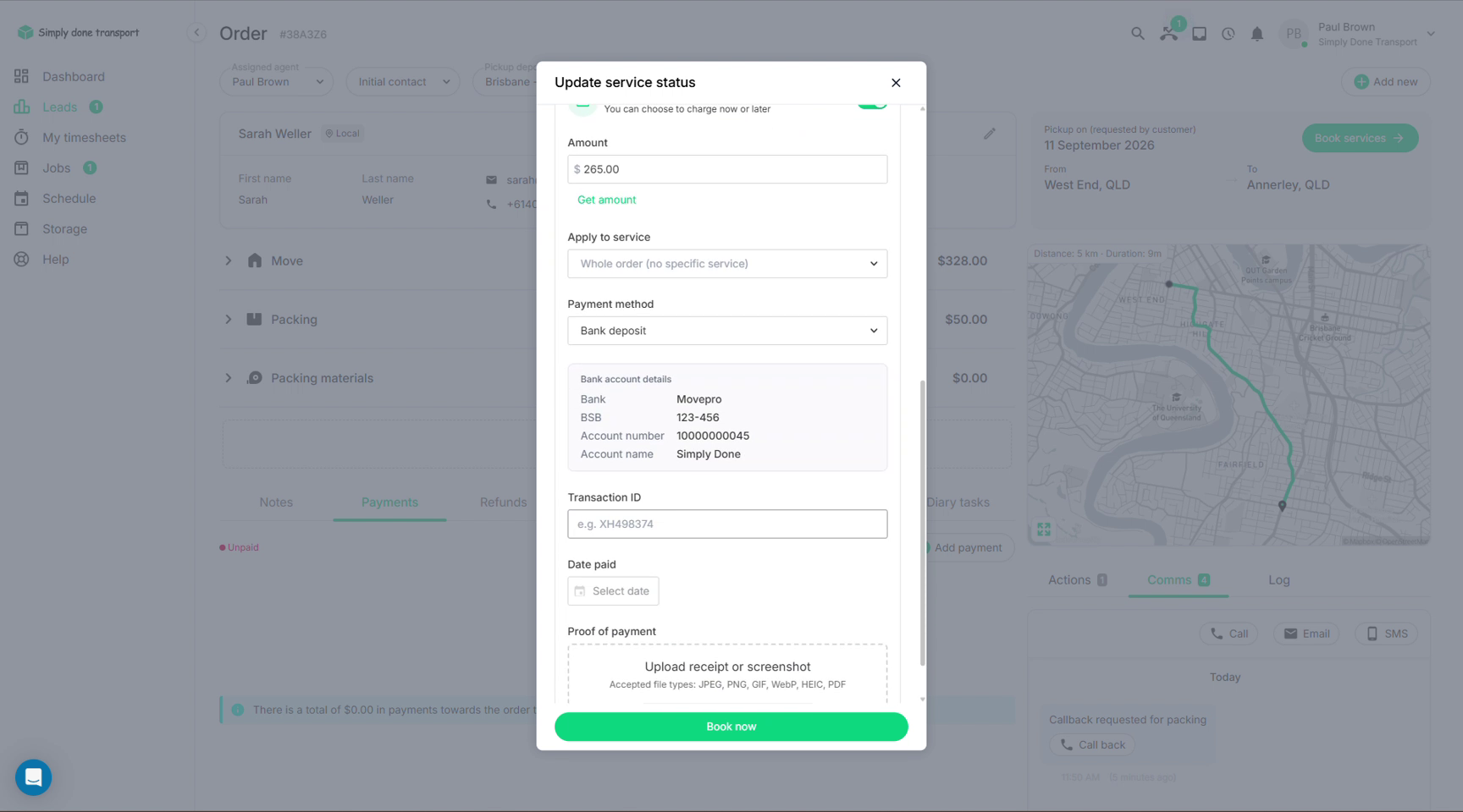 Payment method set to bank deposit, showing bank details, transaction ID, date paid and proof upload