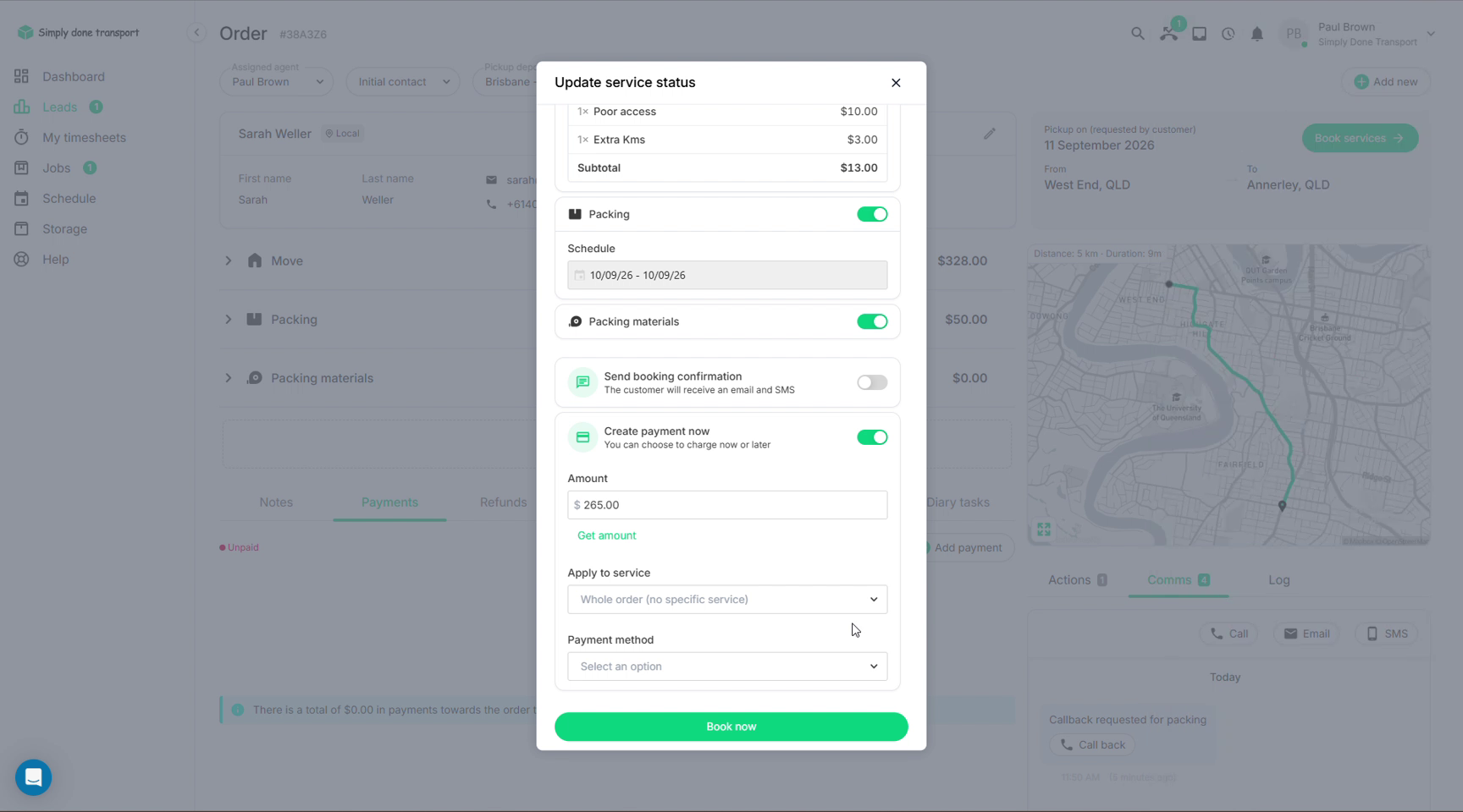 Create payment now fields inside the booking dialog: amount, get amount, apply to service, payment method