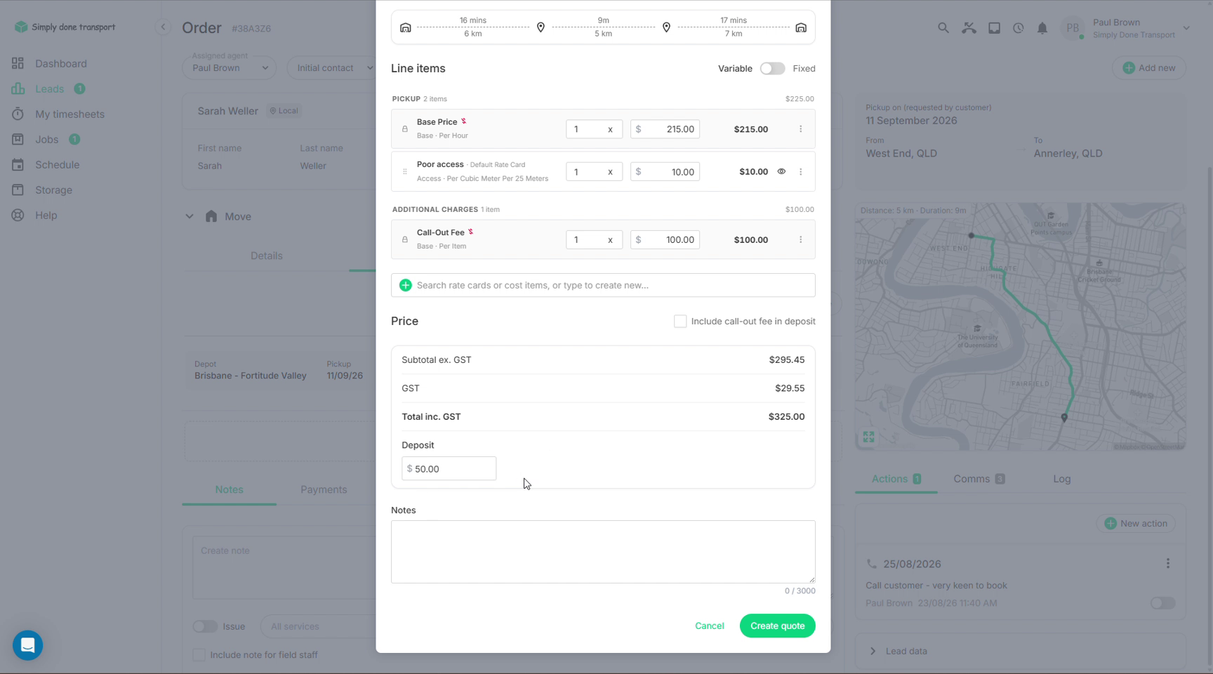 Quote editor price panel with deposit field and include call-out fee option