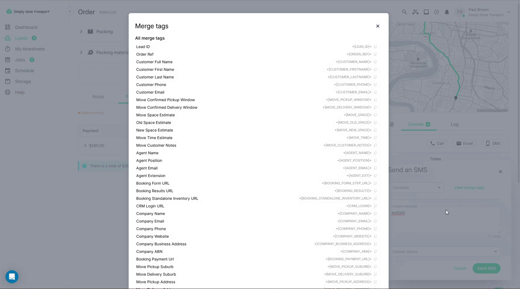 Send an SMS panel on an order with the merge tags list open