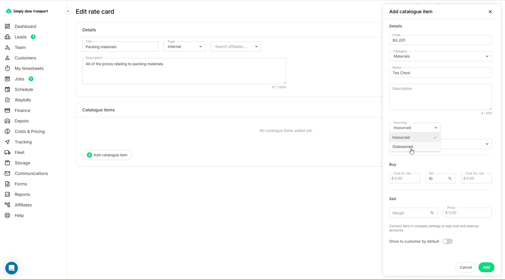 Add catalogue item panel with code, category, name and sourcing dropdown