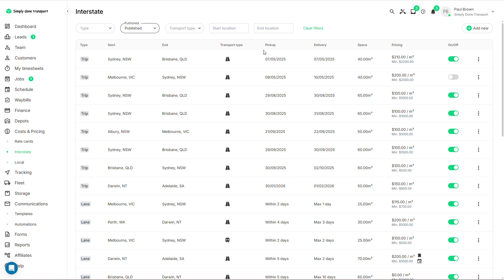 Interstate list of trips and lanes with routes, dates, space and per-cubic-metre pricing