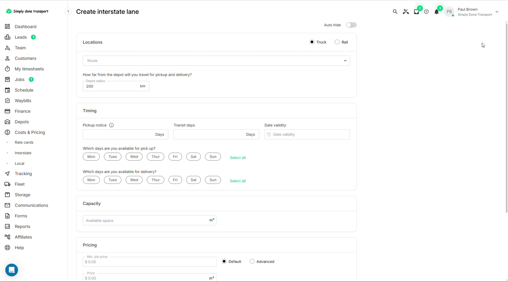 Create interstate lane form with truck or rail, route, radius, timing and capacity