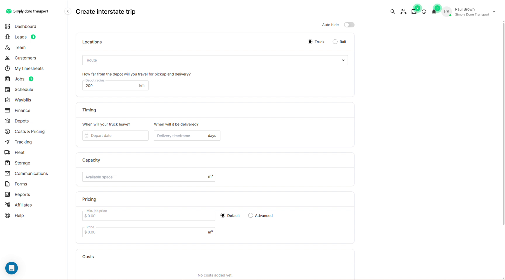 Create interstate trip form with departure date and delivery timeframe
