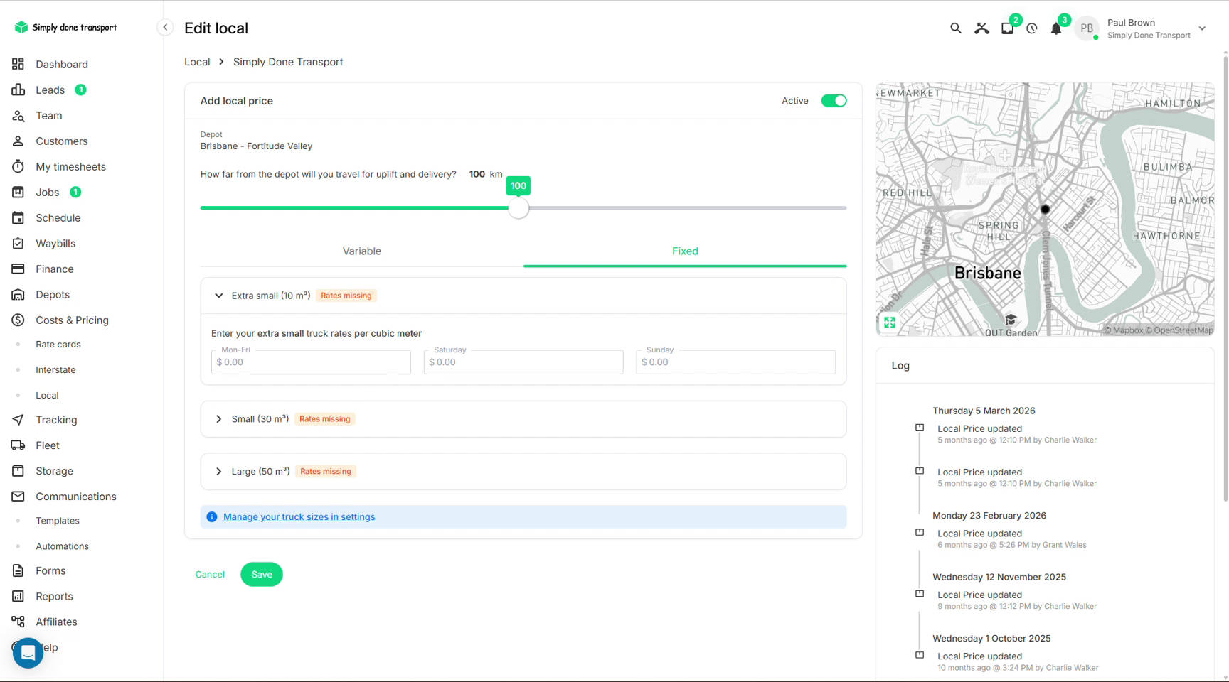 Local price editor with travel radius slider and fixed per-cubic-metre tab