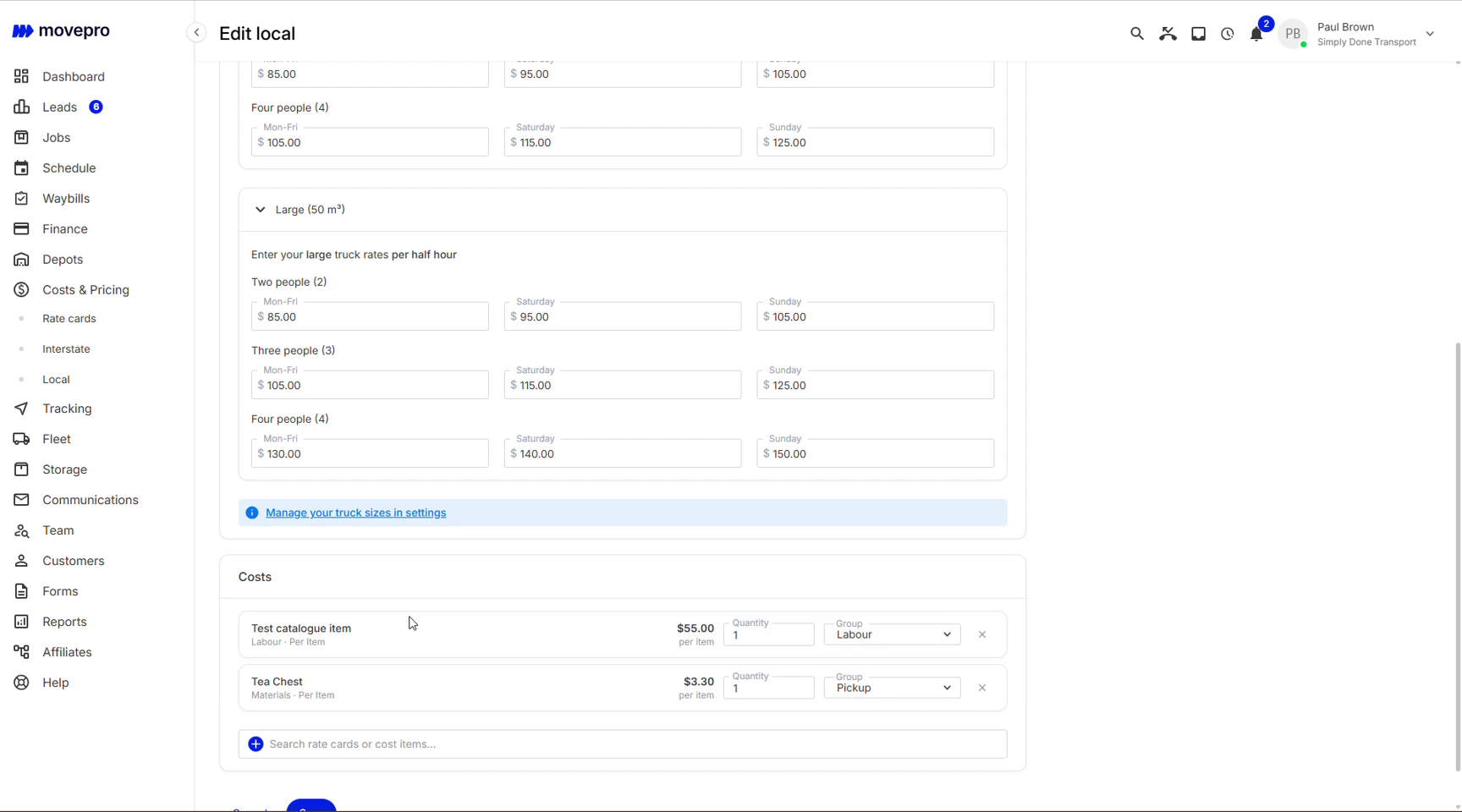 Editing variable local rates per half hour by truck size, crew size and day, with attached cost items below