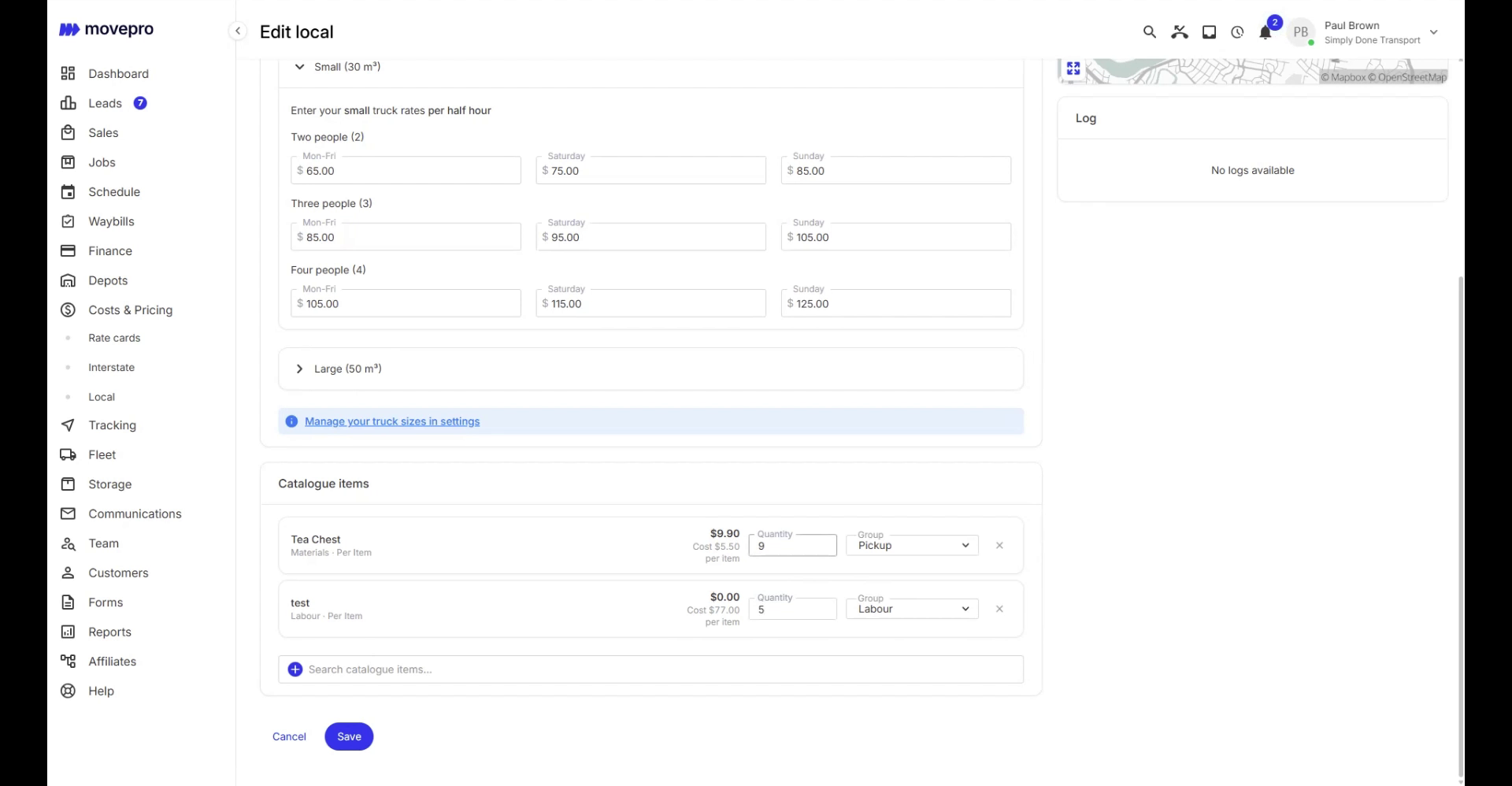 Local price editor with catalogue items attached below the rates, each with quantity and group, including a cost-only labour item