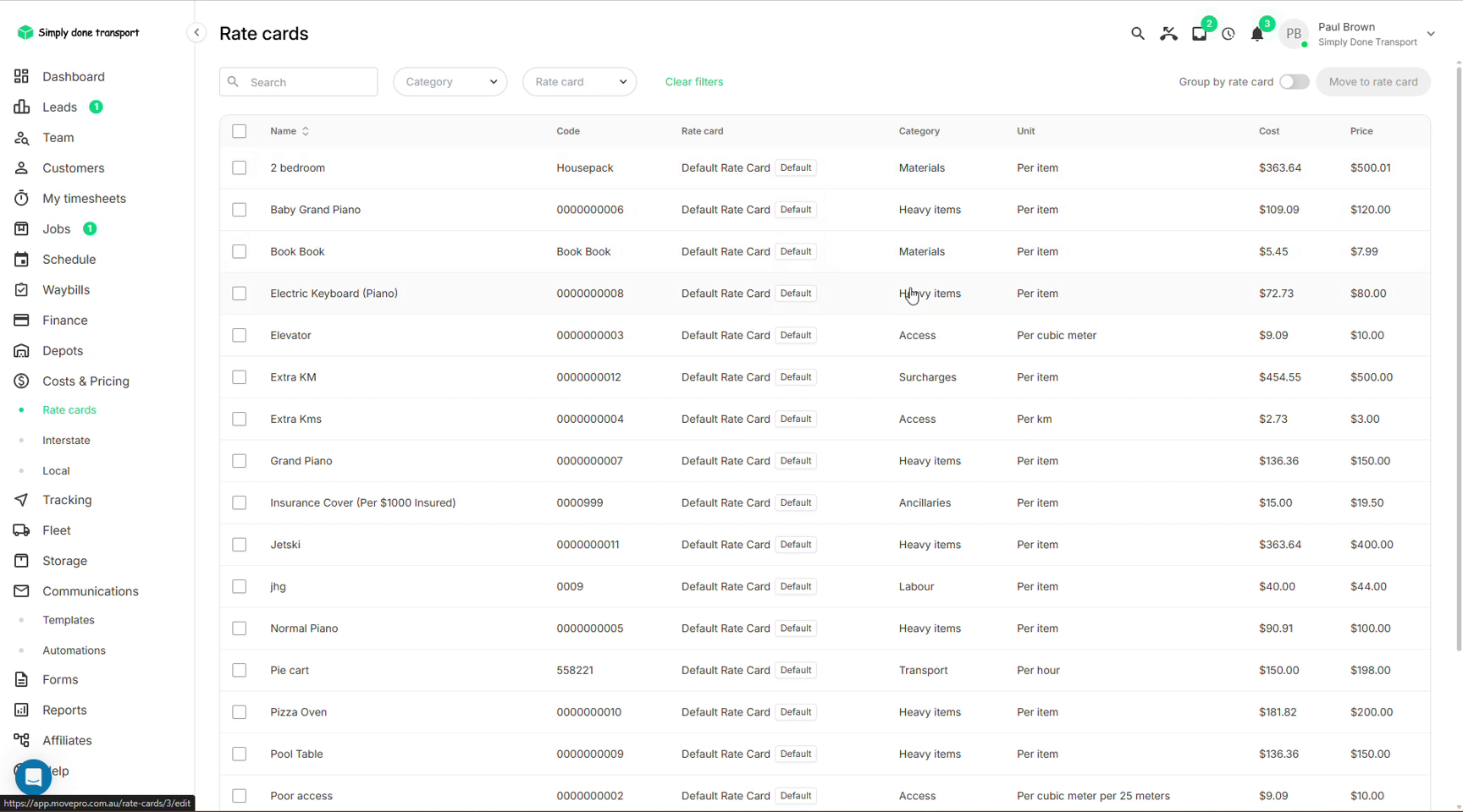 Catalogue item list across rate cards with categories, units, cost and price