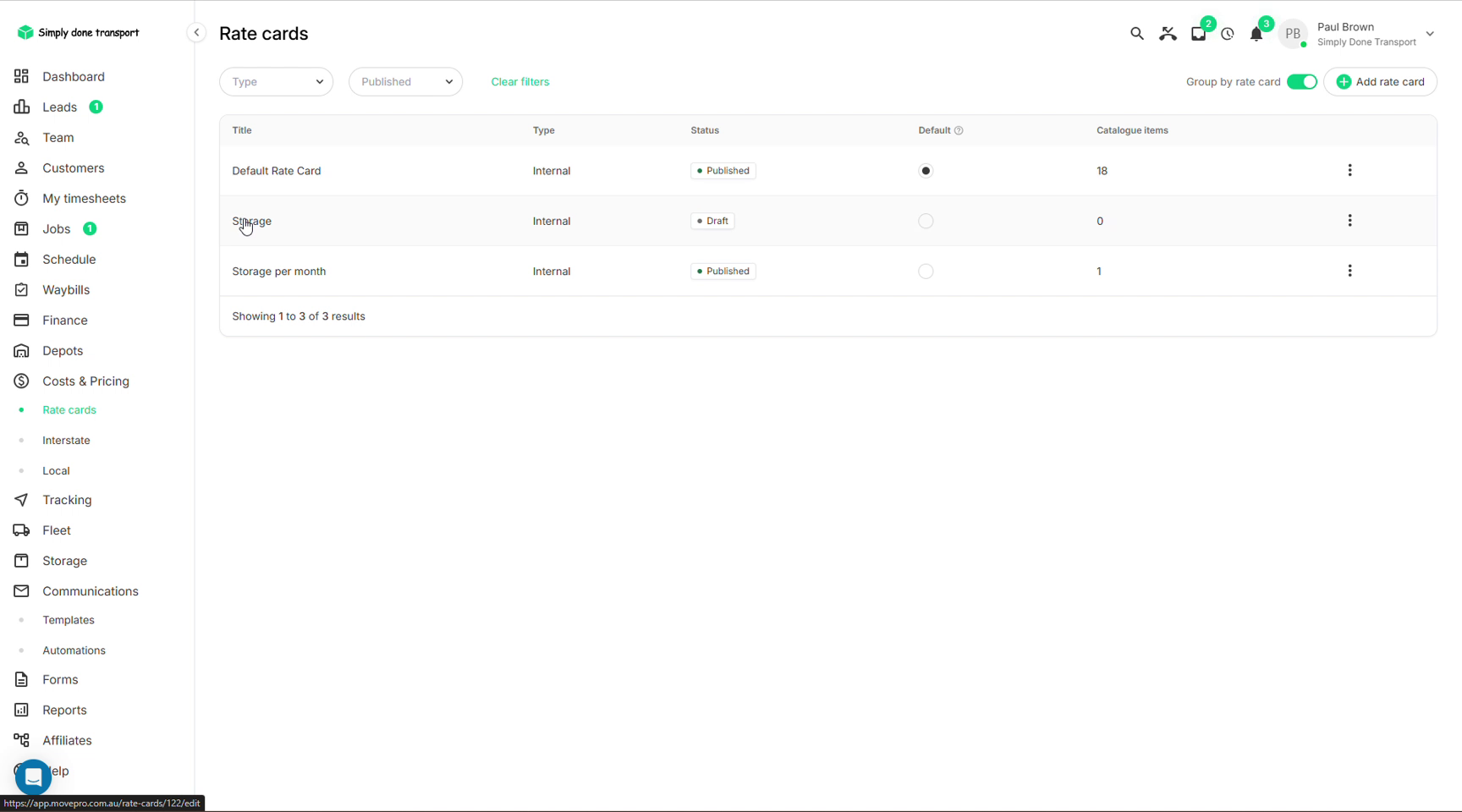 Rate cards list showing default card, draft and published cards with item counts
