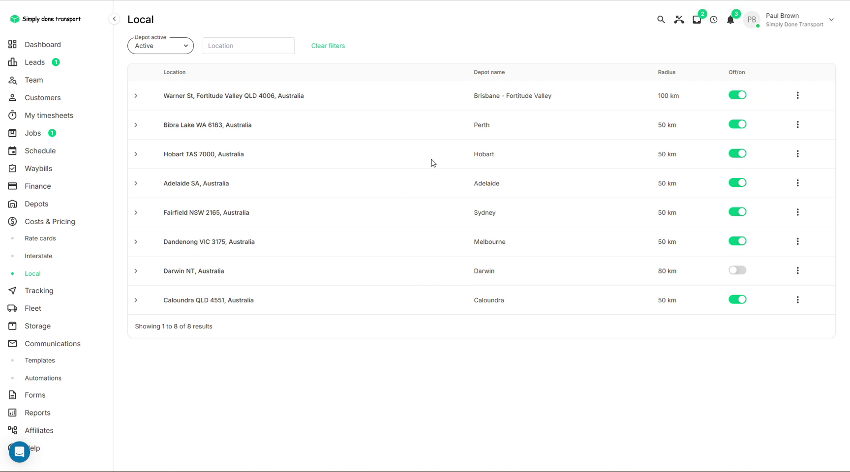 Local pricing list with one row per depot, radius and on/off toggle