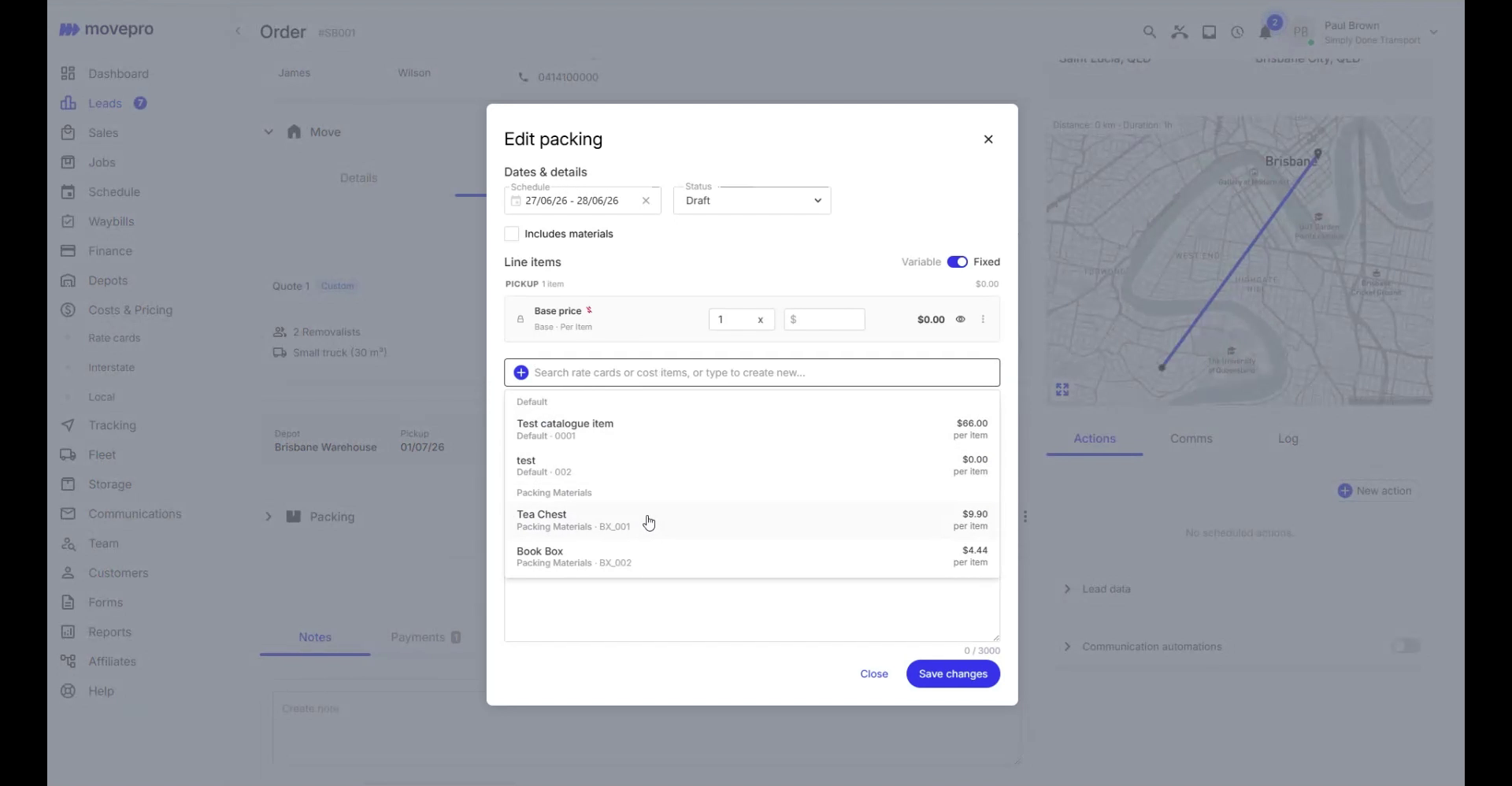 Edit packing dialog with dates, includes-materials option and line items, with the catalogue search open showing packing materials