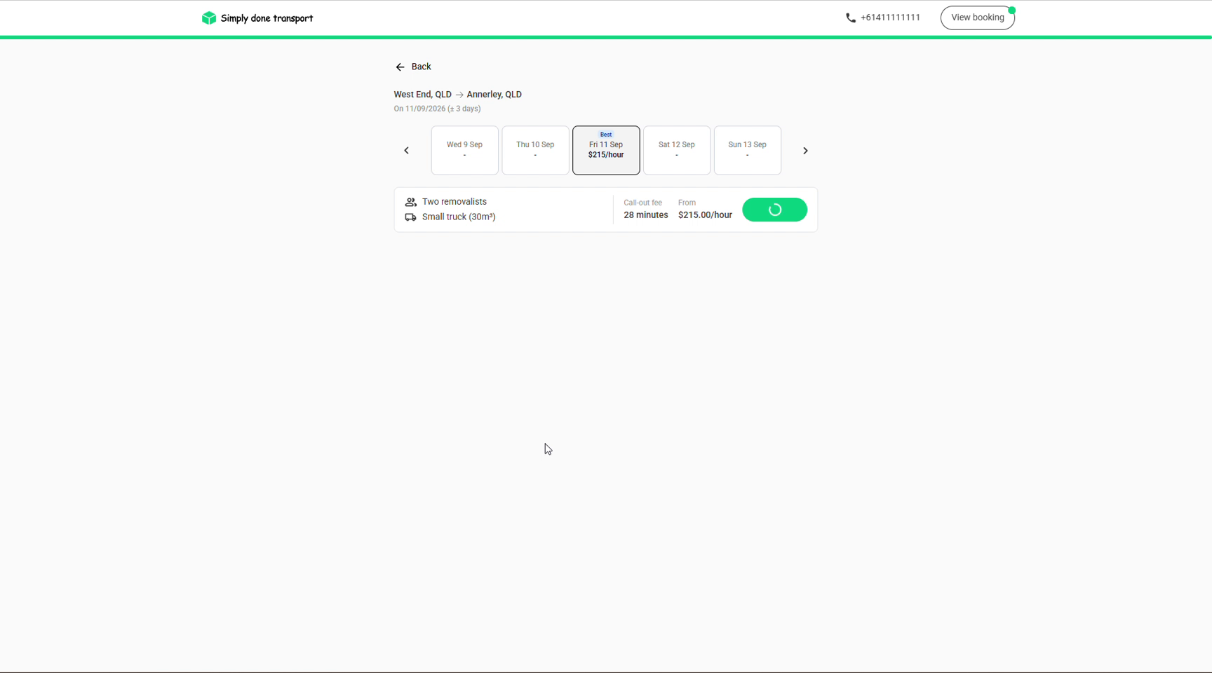 Customer portal showing the quote presentation with date options