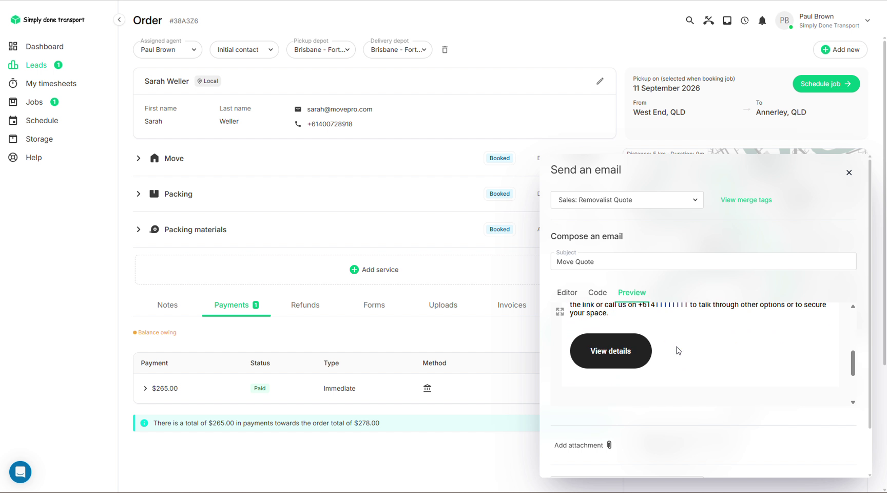 Send an email panel with quote template selected and preview shown