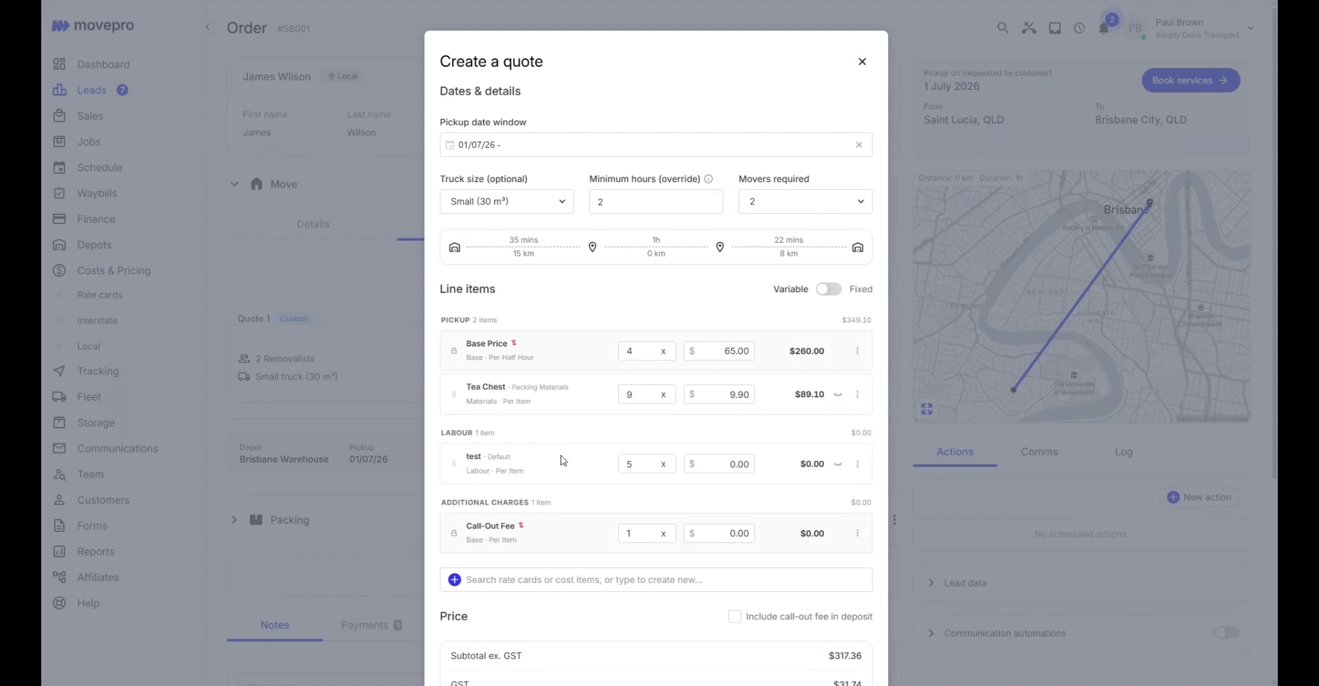 Create a quote dialog with dates, truck size, line items and totals