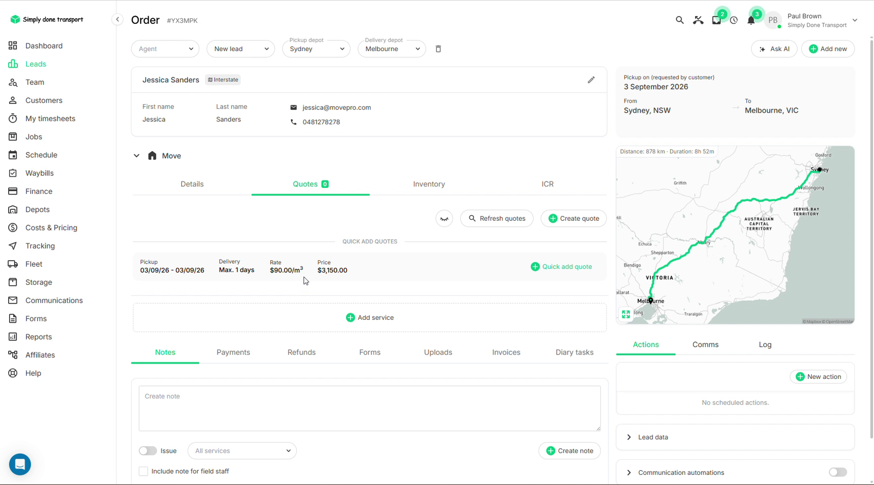 Quotes tab on an interstate order showing a lane-based quick add quote