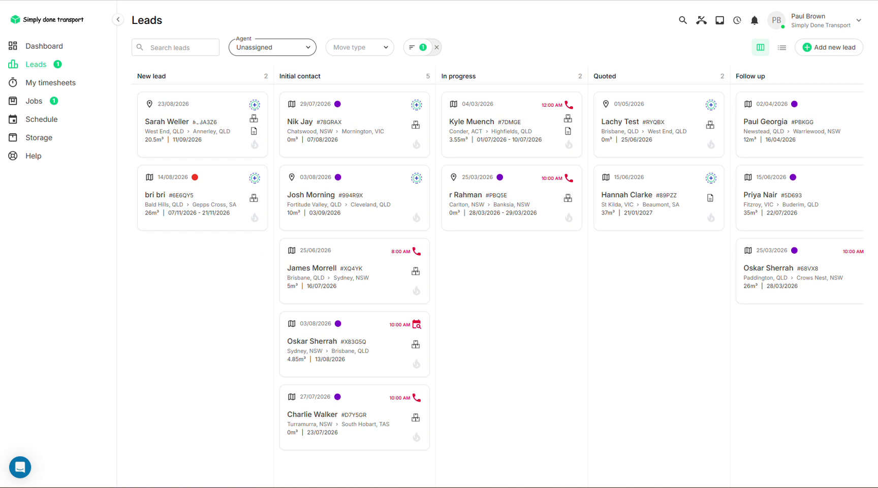 Leads board filtered to unassigned showing ownerless cards in every column