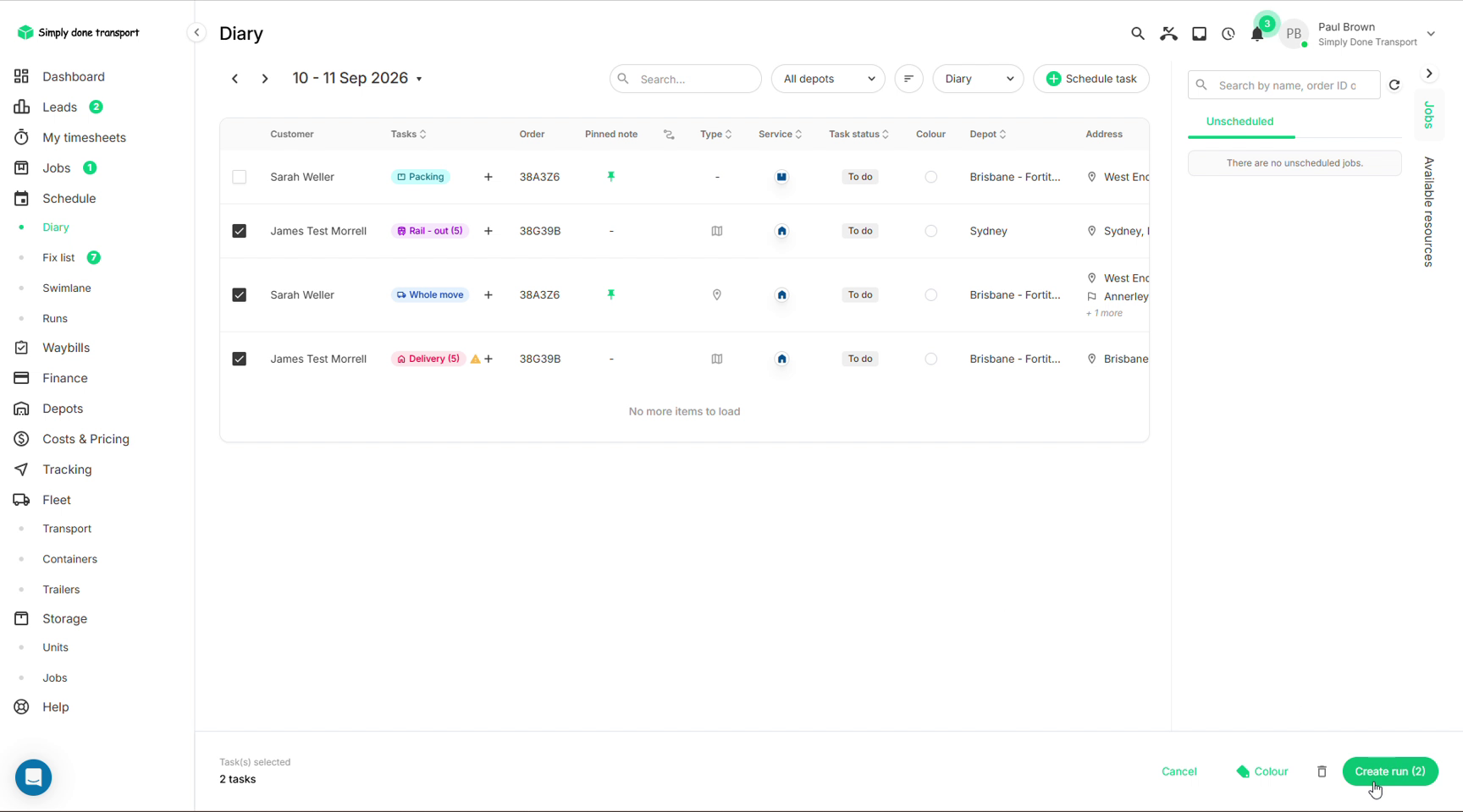 Diary with two tasks ticked and the Create run button in the bottom bar