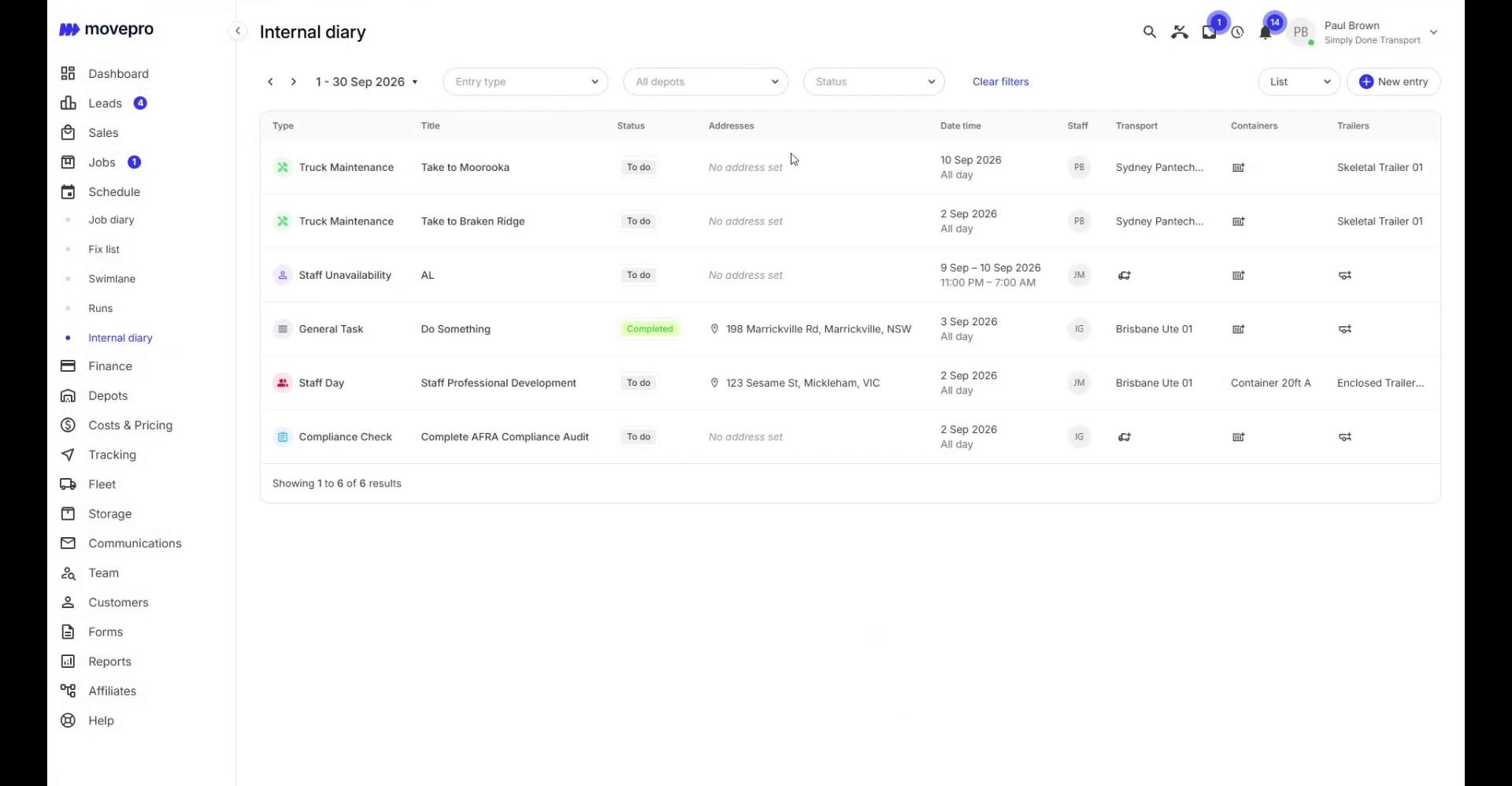 Internal diary list with typed entries, statuses, dates, staff and transport columns