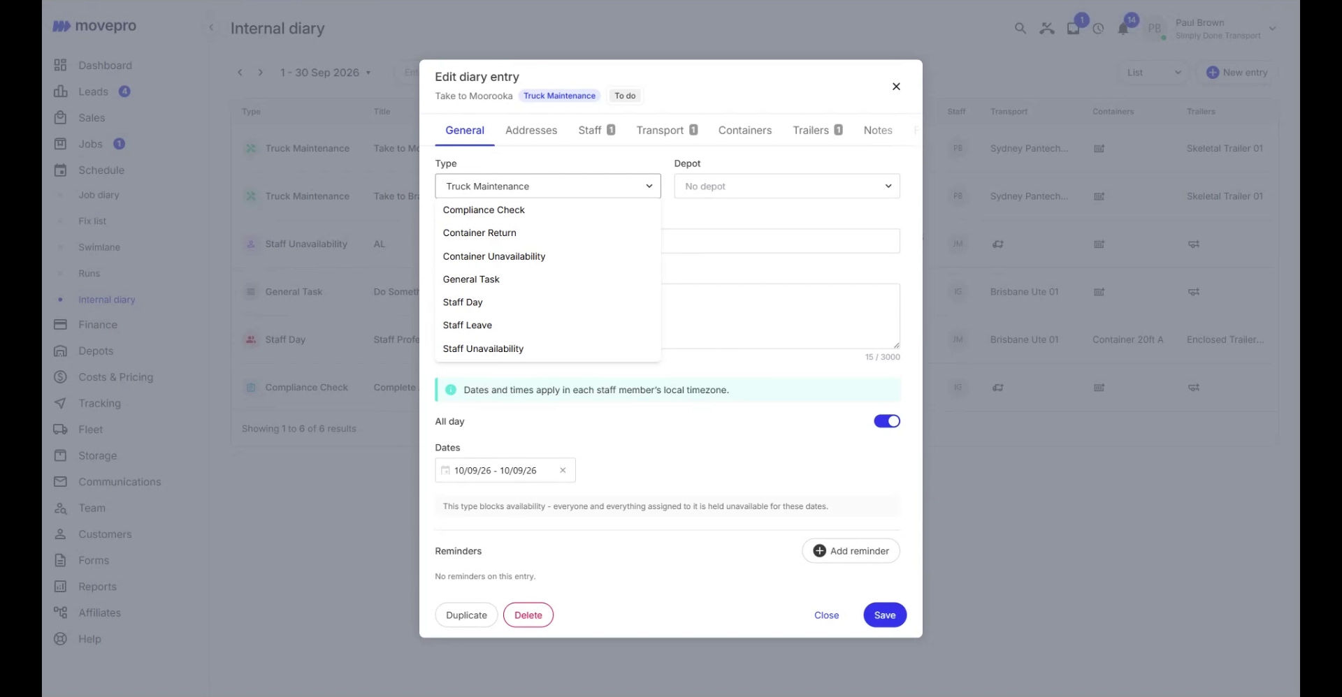 Edit diary entry window with tabs for staff, transport, containers and trailers, a type dropdown, dates and a blocking notice