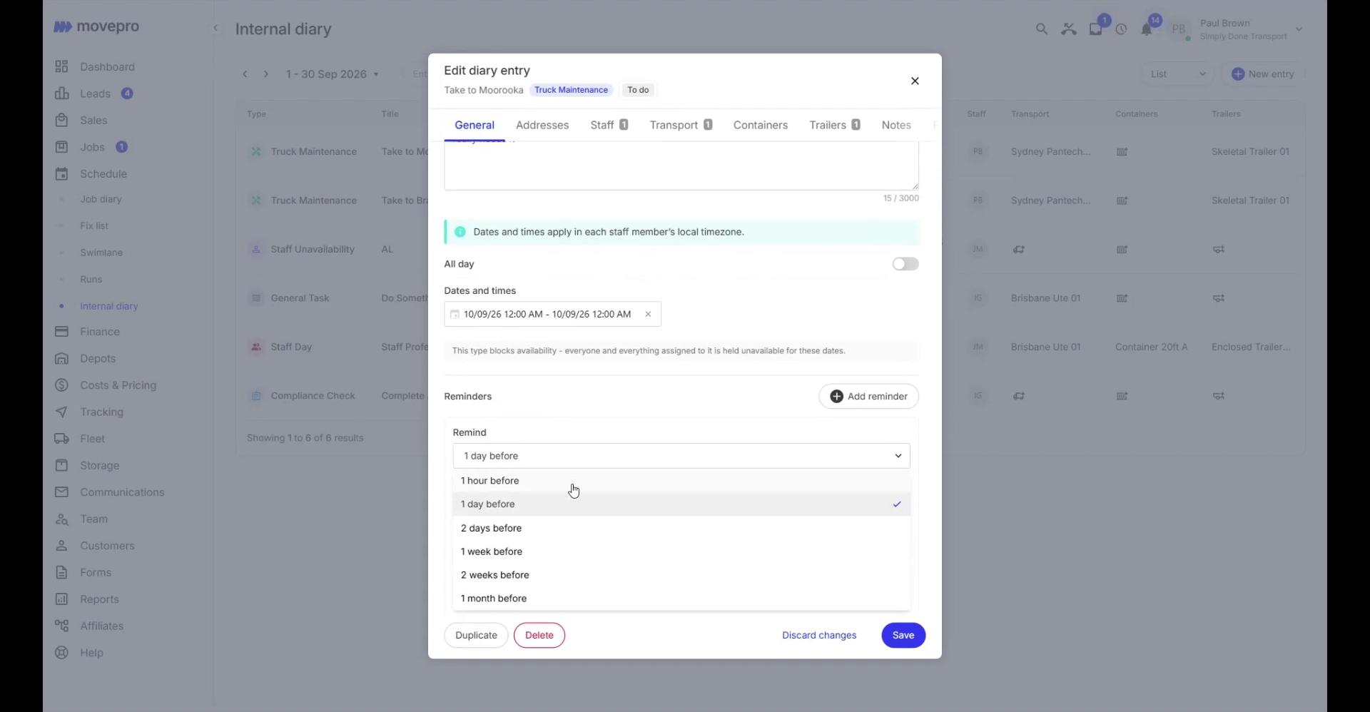 Diary entry reminder options from one hour before to one month before